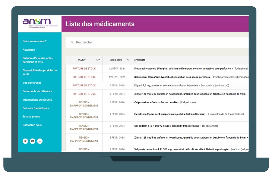 Portail de l'ANSM montrant les difficultés d'approvisionnement